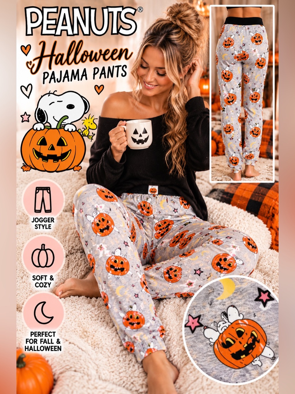 NWT Peanuts Halloween Pumpkin Snoopy Jogger Pajama Pants Large